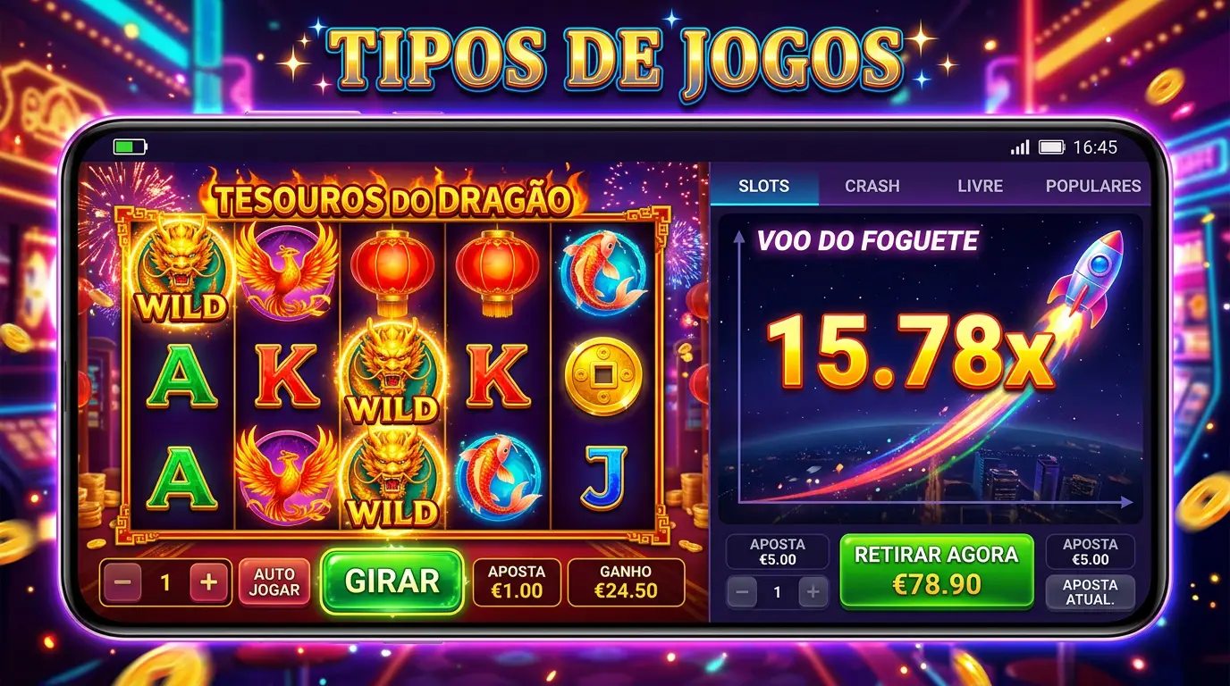 Tipos de jogos - slots, crash games e cassino ao vivo